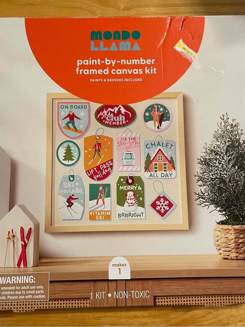 Paint-by-Number Framed Canvas Kit - Holiday Ski Tags (Red, Green, Cream) New